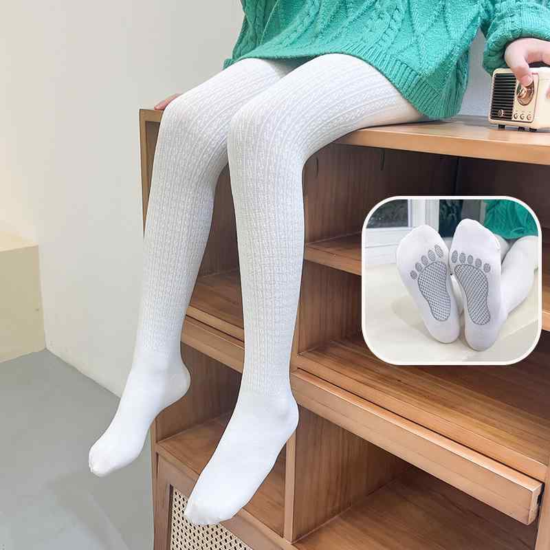 タイツ キッズ 女の子 女児 春秋 コットン 綿 ケーブル編み 無地 中厚手 足首フィット ダンス バレエ 普段使い 通園 通学 白 ホワイト