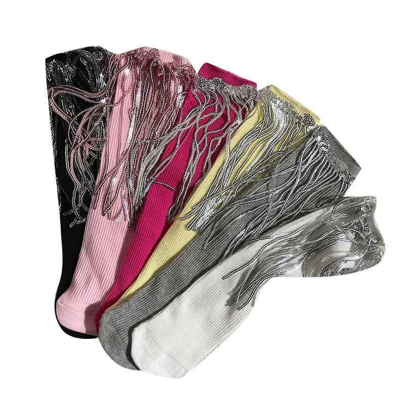 ソックス 女の子 キッズ ガールズ 春夏 スパンコール フリンジ キラキラ ミドル丈 クルー丈 ふくらはぎ..