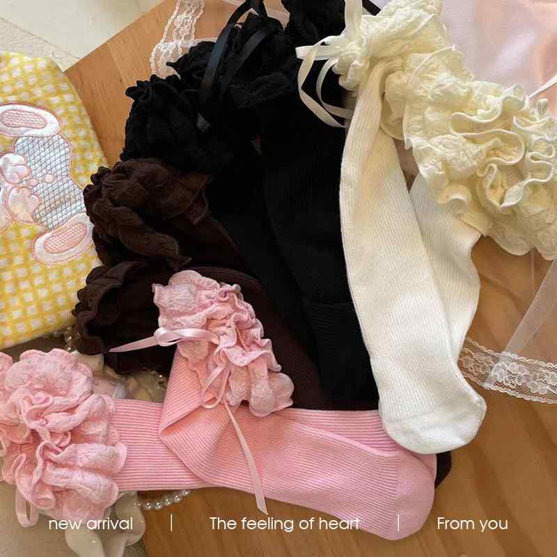 ソックス 女の子 キッズ ロリータ風 パフフリル ストライプ柄 ミドル丈 綿 コットン 通気性 かわいい ..