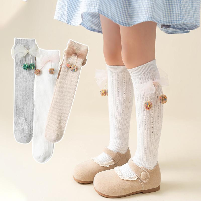 靴下 女の子 子供用 春夏 薄手 カラフルボール ポンポン フリルエッジ リボン 蝶結び ストライプ柄 か..