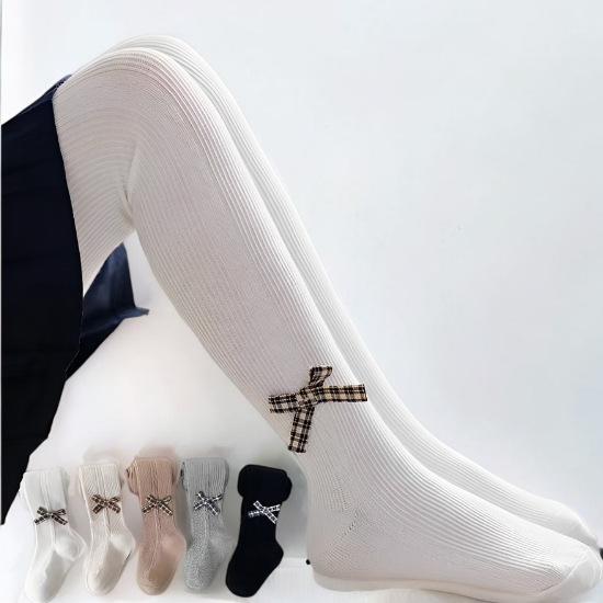 タイツ 女の子用 キッズ 春秋 チェック柄 リボン ケーブル編み ストライプ 綿素材 通気性 中厚手 かわ..