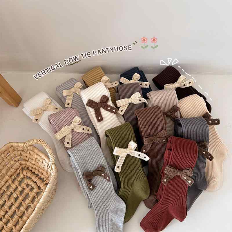女児タイツ キッズ コットン カフェオレ ブラウン リボン付き 縦ストライプ 通気性 中厚手 春秋用 小中..