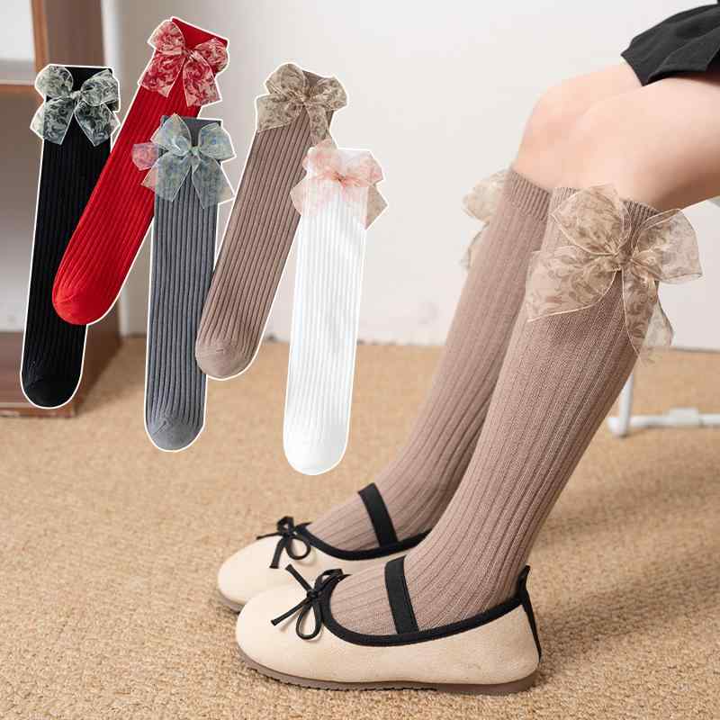 靴下 ソックス キッズ 子供 女の子 ガールズ 春秋 普段使い シアー リボン ストライプ クルー丈 ミドル丈 ハイソックス ニーハイ オーバーニー 膝上丈 コットン 綿 通気性 かわいい ホワイト グレー ブラック レッド ブラウン