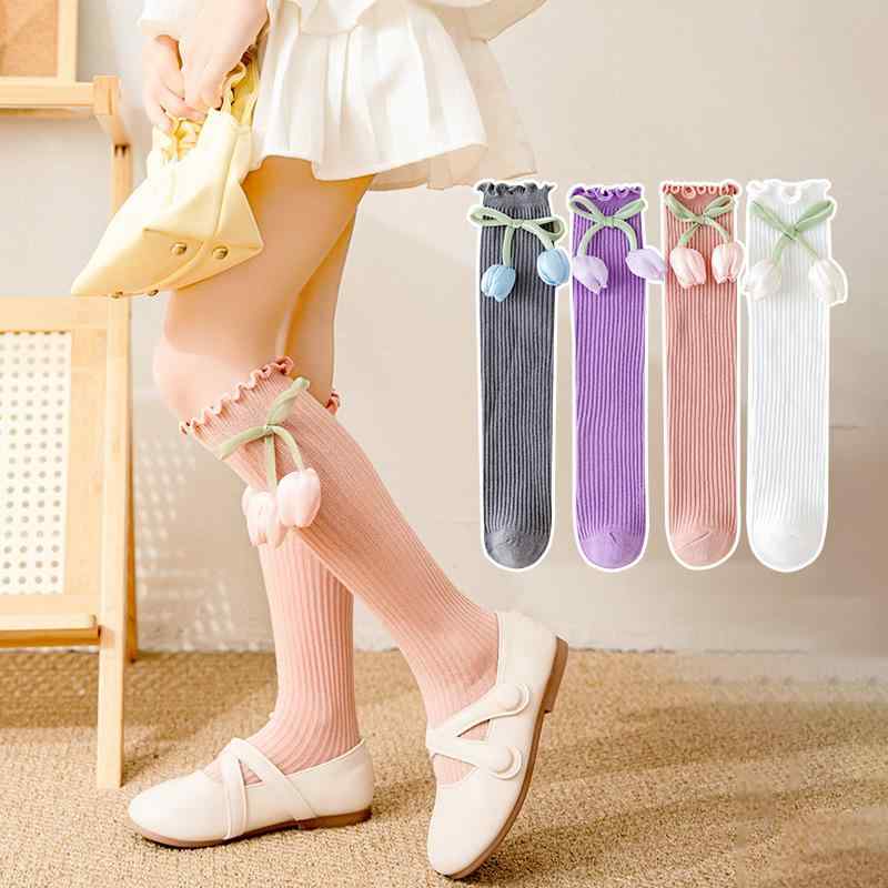 ソックス キッズ 女の子 ベビー 秋冬 綿 コットン 通気性 花柄 チューリップ 縦ストライプ フリル ミド..