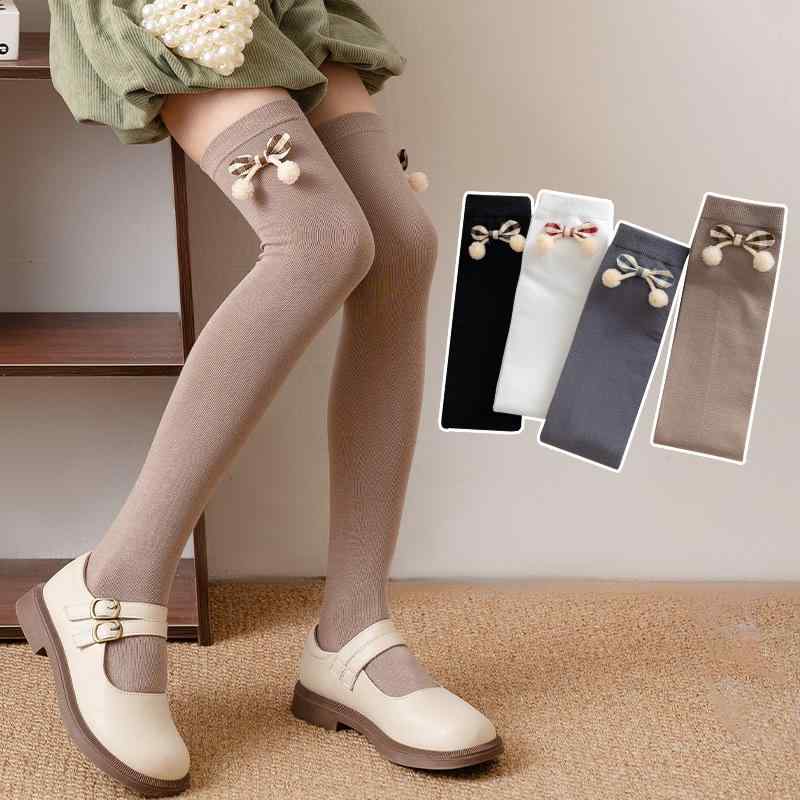 ソックス キッズ 女の子 秋冬 ポンポン リボン かわいい おしゃれ 綿 コットン ロングソックス オーバーニー 通学 普段使い ホワイト グレー ブラック ブラウン