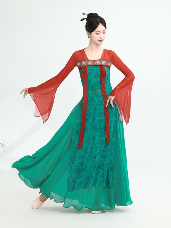 ダンス衣装 レディース 漢唐風 民族舞踊 ハイウエストスカート シアーブラウス 舞台 発表会 練習着 稽古着 優雅 エレガント リボン付き ワイドフレアスカート ポリエステル素材