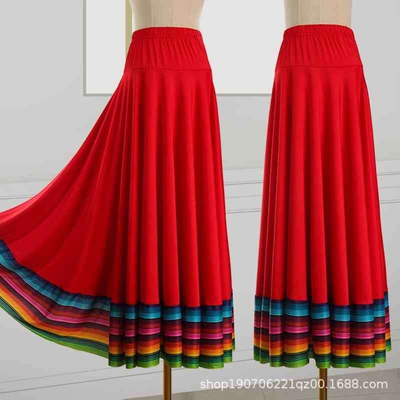ダンススカート レディース 女性用 民族風 レインボーカラー フレアスカート ウエストゴム ダンスウェア 練習着 レッスン着 社交ダンス 広場ダンス 新疆ダンス 発表会 舞台衣装 再生繊維 ポリエステル 春夏秋