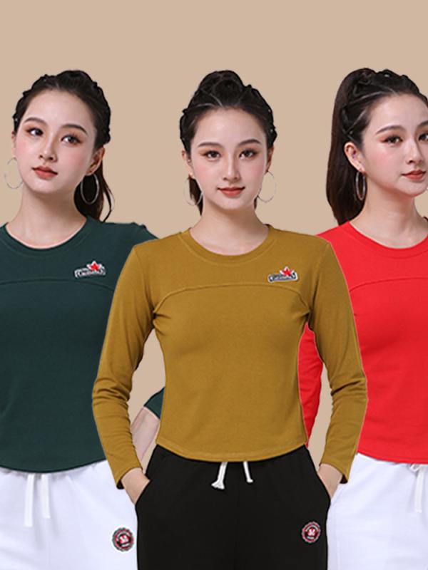 トップス レディース 秋冬 ダンスウェア エクササイズウェア フィットネス ジム スポーツ クルーネック 丸首 長袖 星柄 スタープリント 綿混 ポリエステル 伸縮性 吸湿速乾 ランニング ヨガ 普段使い カジュアル ブラック レッド ホワイト