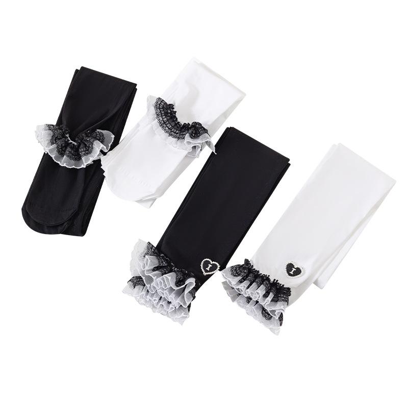 タイツ ガールズ 女の子 春夏 薄手 ベロア 取り外しレース 9分丈 ダンス バレエ 発表会 イベント 衣装 ..