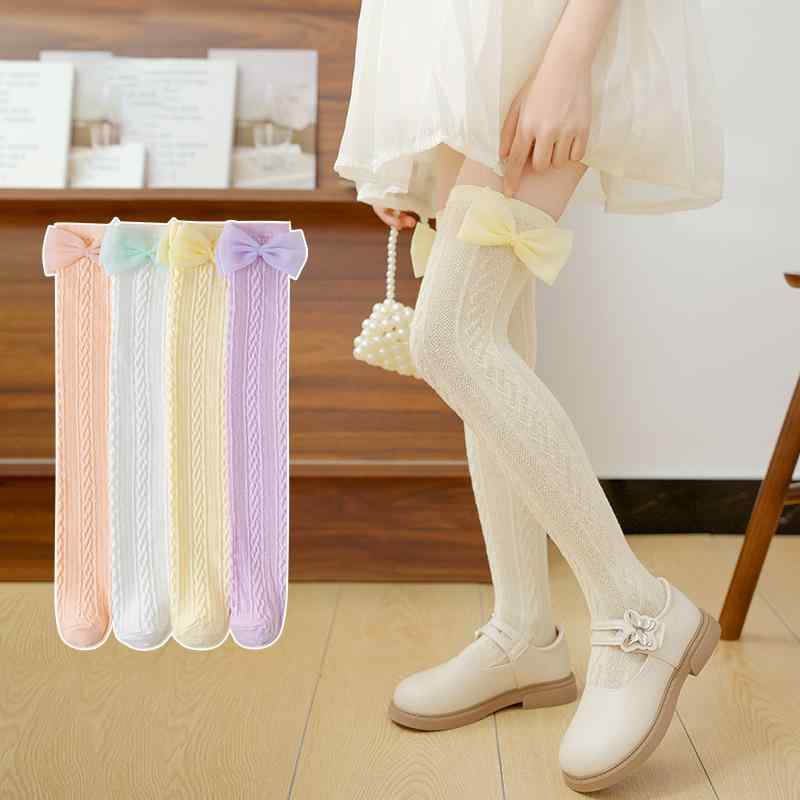 ソックス キッズ 女の子 女児 ガールズ リボン メッシュ 薄手 かわいい 透け感 オーバーニー ニーハイ 通気性 ロリータ風 ポリエステル おしゃれ お出かけ 春夏