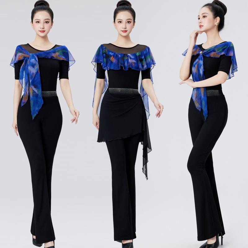 ダンスウェア レディース ラテン レッスンウェア フリル袖 ブラウス トップス 高級感 発表会 舞台衣装 インストラクター 姿勢矯正 ウォーキング モダール素材 春夏秋