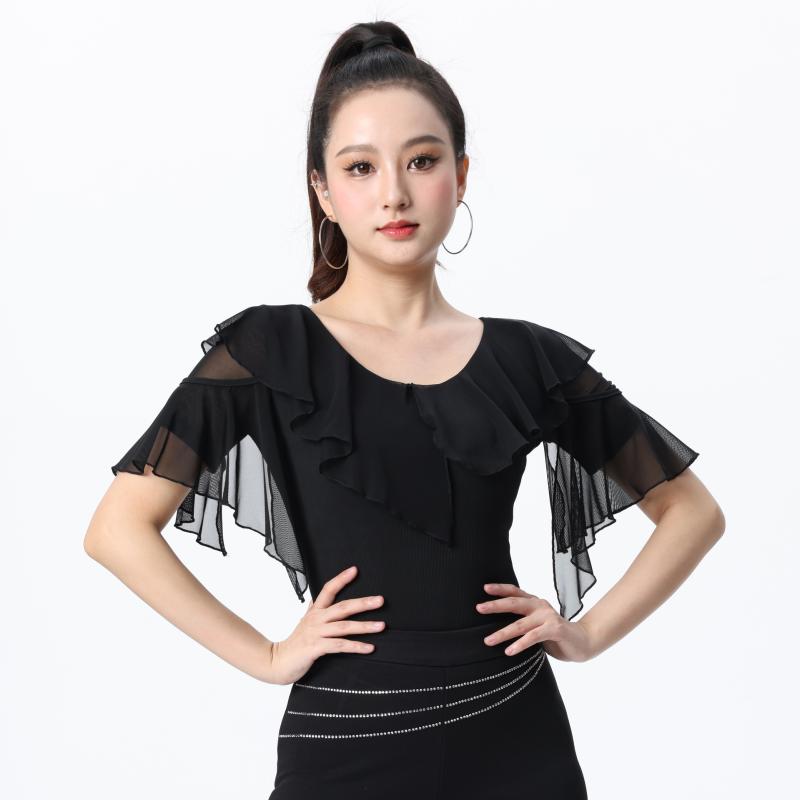 トップス レディース モダンダンス ラテンダンス 社交ダンス レッスン 練習着 ウェア 半袖 フリル袖 フレア袖 高級感 接触冷感 伸縮性 吸湿速乾 大人用 無地 ブラック 競技会 発表会 舞台衣装