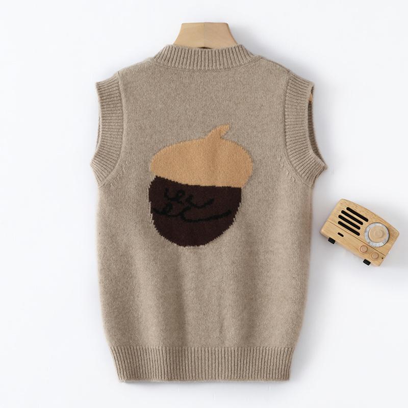 ベスト ジレ キッズ 男の子 女の子 男女兼用 ウール ニット セーター Vネック 前開き シンプル キャラ..