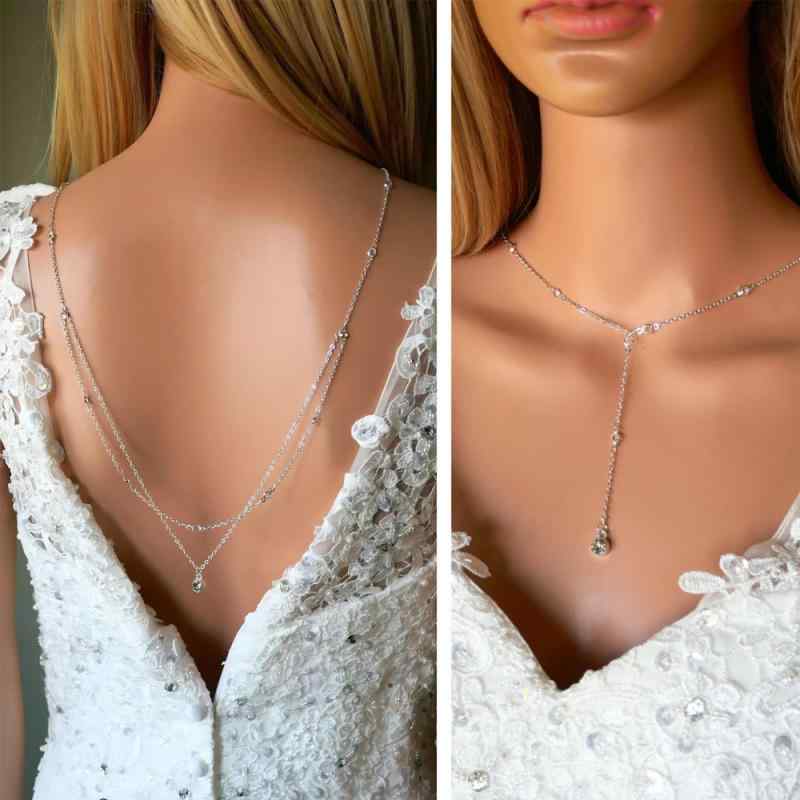 ネックレス レディース ラインストーン バックチェーン 二連 ダブルチェーン 高級感 華やか エレガント 欧米風 ブライダル ウェディング 花嫁 結婚式 披露宴 パーティー お呼ばれ ドレス アクセサリー ゴールド シルバー 電気メッキ加工(4)