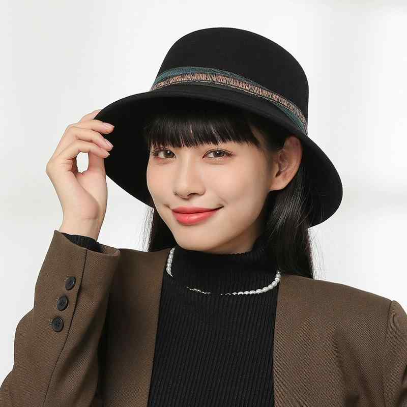 フェルトハット レディース 秋冬 ウール混 エレガント 上品 フレンチスタイル 英国風 韓国風 ラウンドトップ ショートブリム つば短め 保温性 通気性 日よけ 小顔効果 ダークレッド ボルドー おしゃれ 普段使い お出かけ(4)