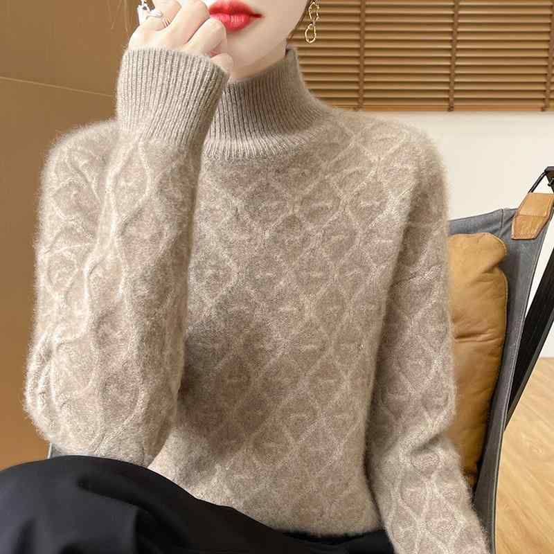 ニット レディース 秋冬 ピュアウール ハイネック ボトルネック ショート丈 クロップド丈 ひし形 アーガイル柄 保温 あったか 厚手 肉厚 ゆったり ルーズシ...