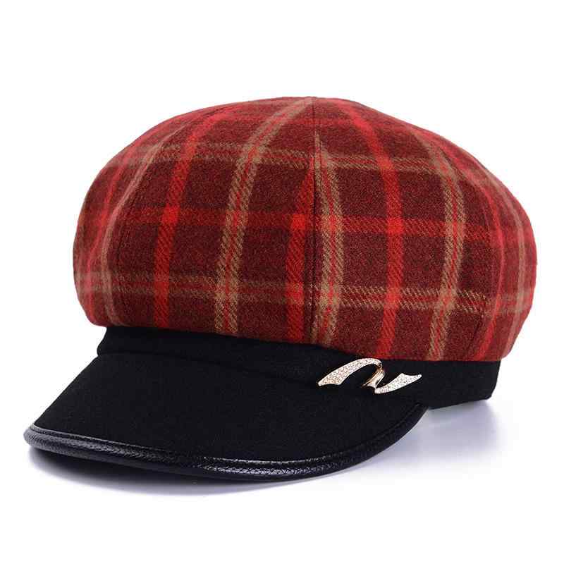 キャスケット 中高年 シニア レトロ チェック柄 ウール素材 保温 防寒 あったか カジュアルスタイル デイリーユース 日よけ 防風 上品 帽子 ハット 秋冬(4)