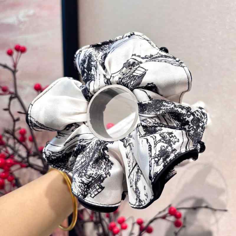 シュシュ レトロ 中国風 江南 水墨画風 花柄 ジャガード織り シルクサテン風 布製 ヘアアクセサリー 大人上品 ブラック 髪飾り 普段使い 春夏(4)