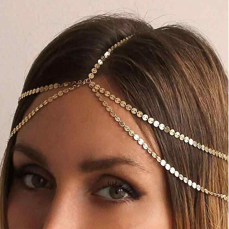 ヘッドアクセサリー レディース ボヘミアン スパンコール 多層 フリンジ 額飾り ヘアチェーン 金属製 ..