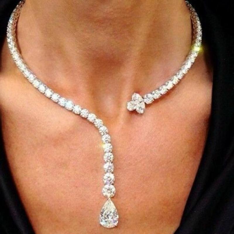 ネックレス レディース 全面ジルコニア ラインストーン 輝く 水滴形 フリンジ タッセル チョーカー 鎖..