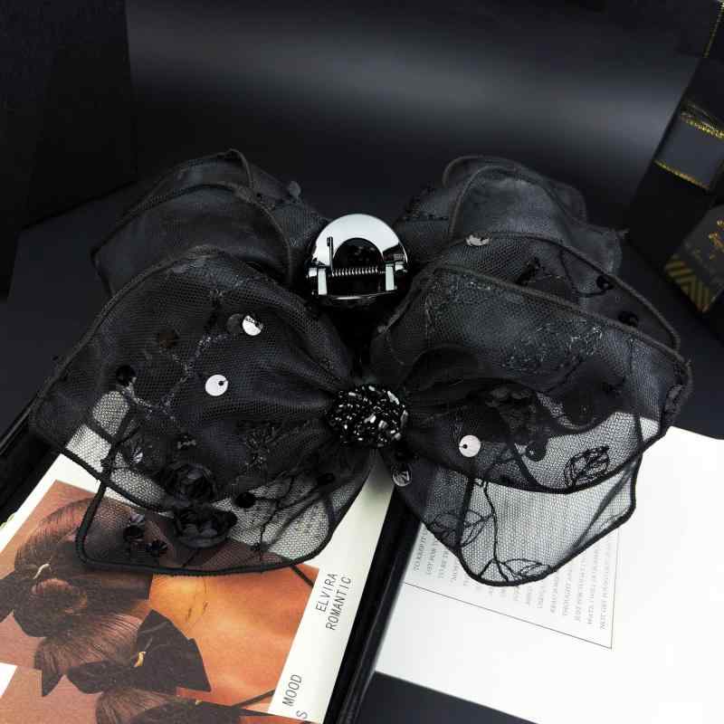 ヘアクリップ レディース 大きめ ブラック 高級感 薔薇 リボン バンスクリップ チュール素材 髪飾り 上..