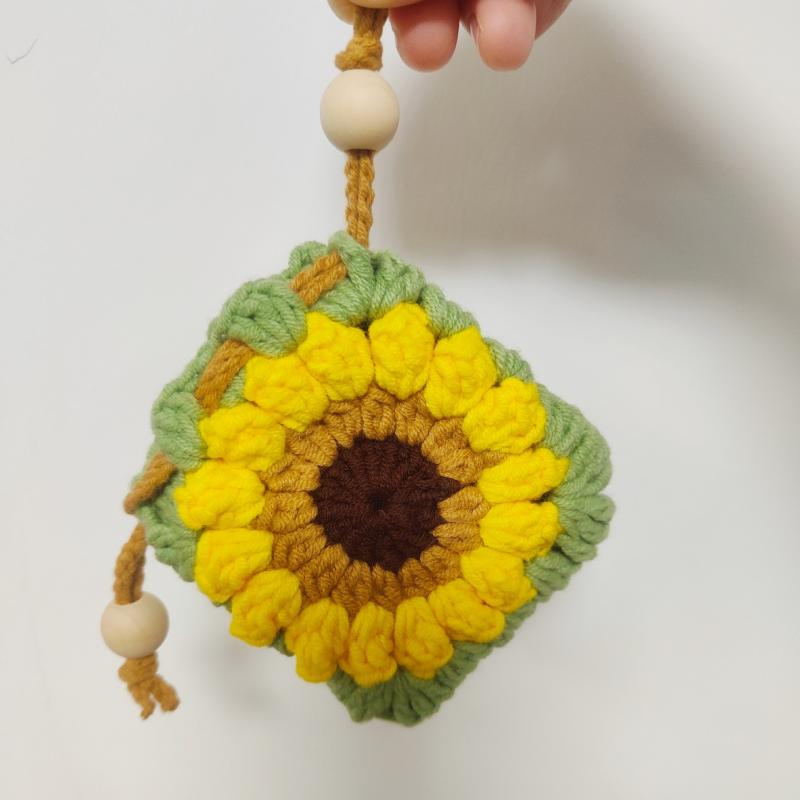 ミニポーチ 男女兼用 コットン かぎ編み ひまわりモチーフ 巾着袋 小銭入れ イヤホンケース 小物入れ ..