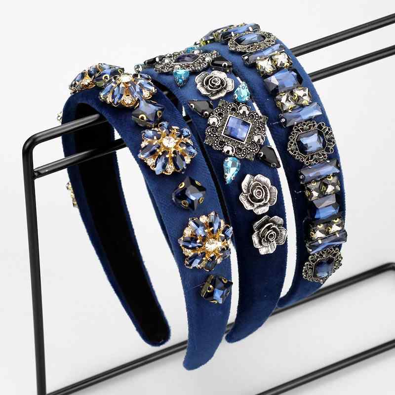 カチューシャ レディース ネイビー ラインストーン パール フラワー ハンドメイド アンティーク バロック デザイン性 ゴージャス 煌めく 韓国風 かわいい ヘアアクセサリー