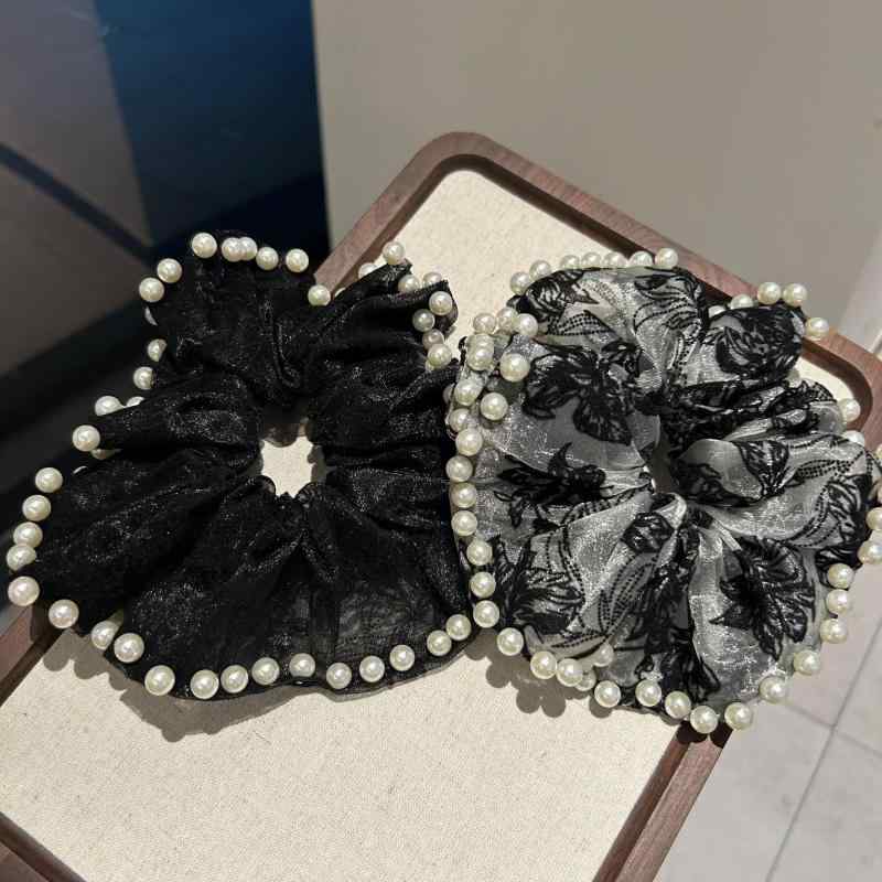 シュシュ レディース 女性用 メッシュ パール 花柄 高級感 エレガント フレンチ レトロ 韓国風 ポニーテール ヘアアレンジ 春夏