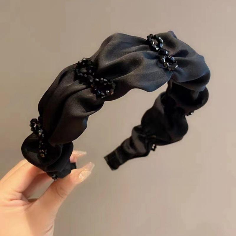 ヘアアクセサリー レディース サテン生地 黒 リボン クリスタルストーン ギャザー 幅広 カチューシャ 髪飾り デイリー使い フォーマル 上品 エレガント 韓国風 小顔効果 ヘアバンド