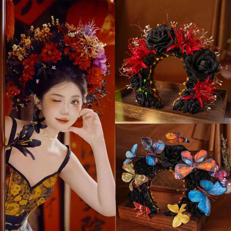カチューシャ 男女兼用 レトロ アンティーク調 造花 ブラック フラワーモチーフ ダーク ゴシック ハロウィン コスプレ イベント パーティー 撮影 衣装小物 仮装 発表会 髪飾り 布製