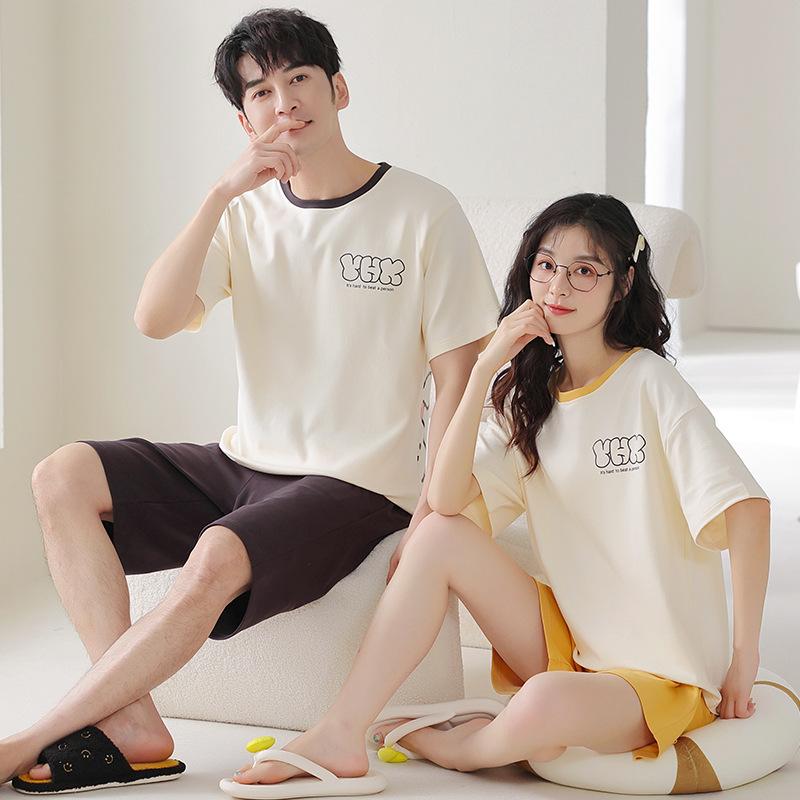 ルームウェア カップル ペア ユニセックス 半袖 パジャマ 部屋着 上下セット かわいい ウサギ 学生 ゆったり 綿 コットン クルーネック 薄手 通気性 快適 ストレッチ ワンマイルウェア 春夏 ハーフパンツ