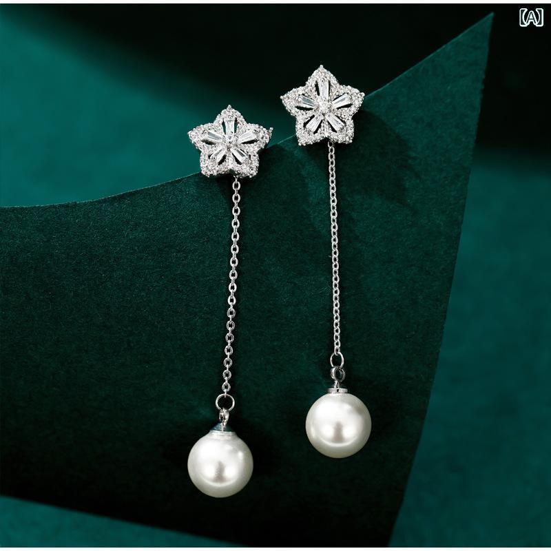 way-ugoのピアス レディース マイクロパヴェ 花 エレガント 韓国スタイル 個性的 万能 ラインストーン スタッドピアス 揺れる タッセル パール ドロップピアス ホワイト 春夏 おしゃれ 耳飾り｜アングル2