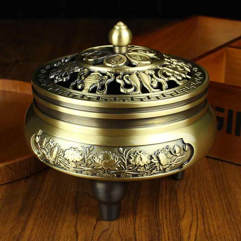 香炉 お香立て 真鍮製 三足蓮華 瓢箪モチーフ 五福六子真言 八宝紋様 リビング 書斎 仏具 開運風水 イ..