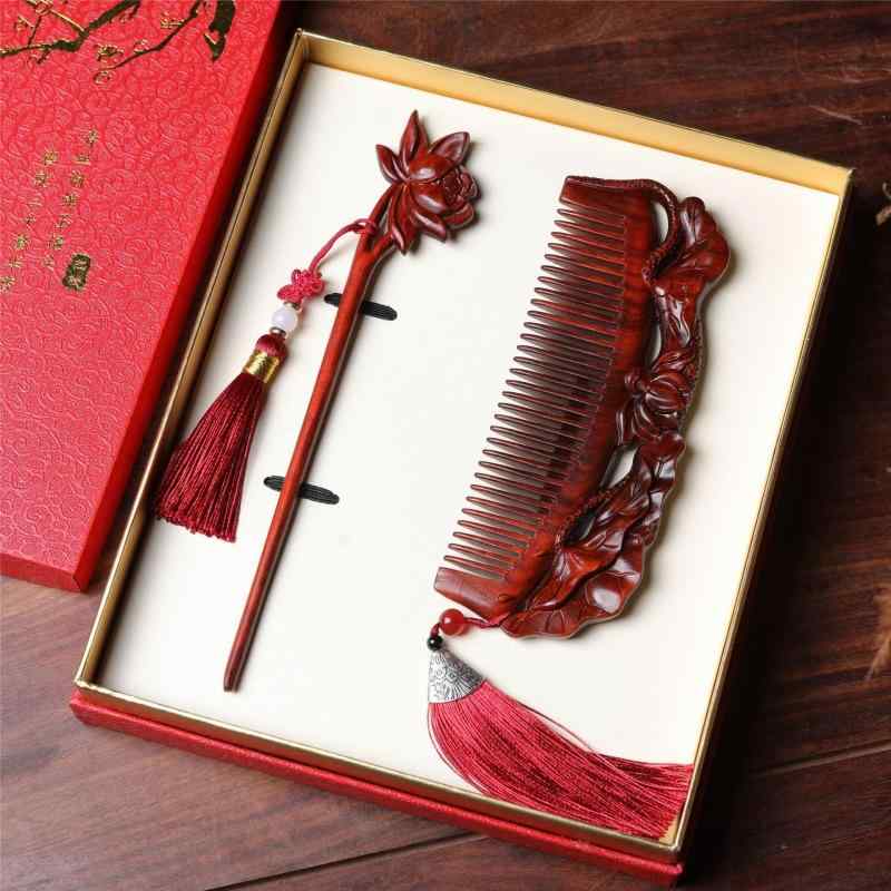 ヘアアクセサリー レディース 紫檀木櫛 かんざし 蓮 月夜 モチーフ 彫刻 美髪 頭皮ケア 髪つや 静電気..