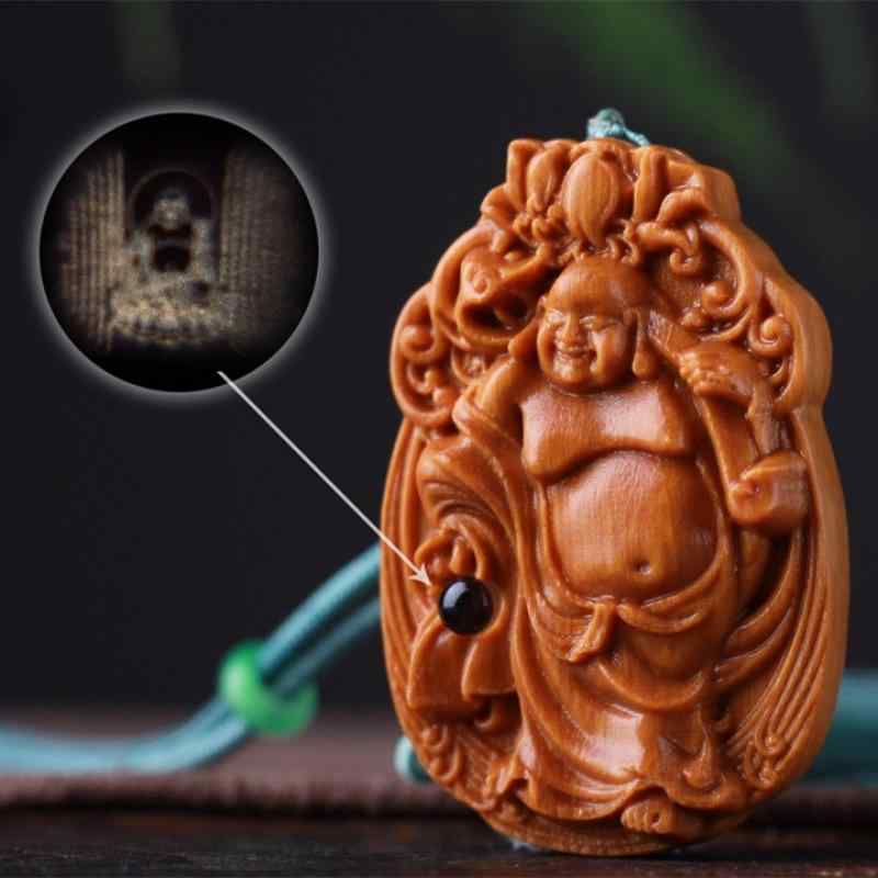 木彫り 白檀 弥勒菩薩 足るを知る お守り 銘板 ペンダント ストラップ 開運 縁起物 タッセル付き レトロ アンティーク調 精巧彫刻 香木