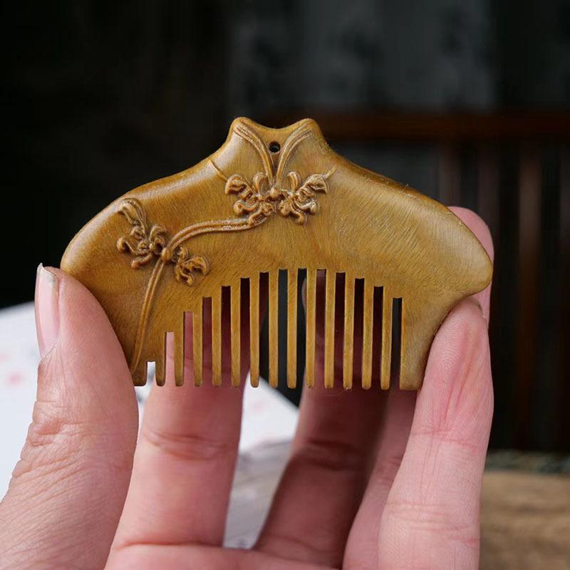 櫛 緑檀 香木 天然木材 古典風 美しい 彫り チャイナドレス柄 ミニ 小型 コンパクト 携帯用 前髪コーム ヘアケア メイク用
