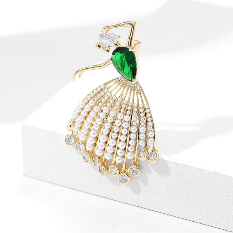 ブローチ レディース フレンチレトロ 高級感 エメラルドグリーン ドロップ型 ジルコニア バレリーナモ..