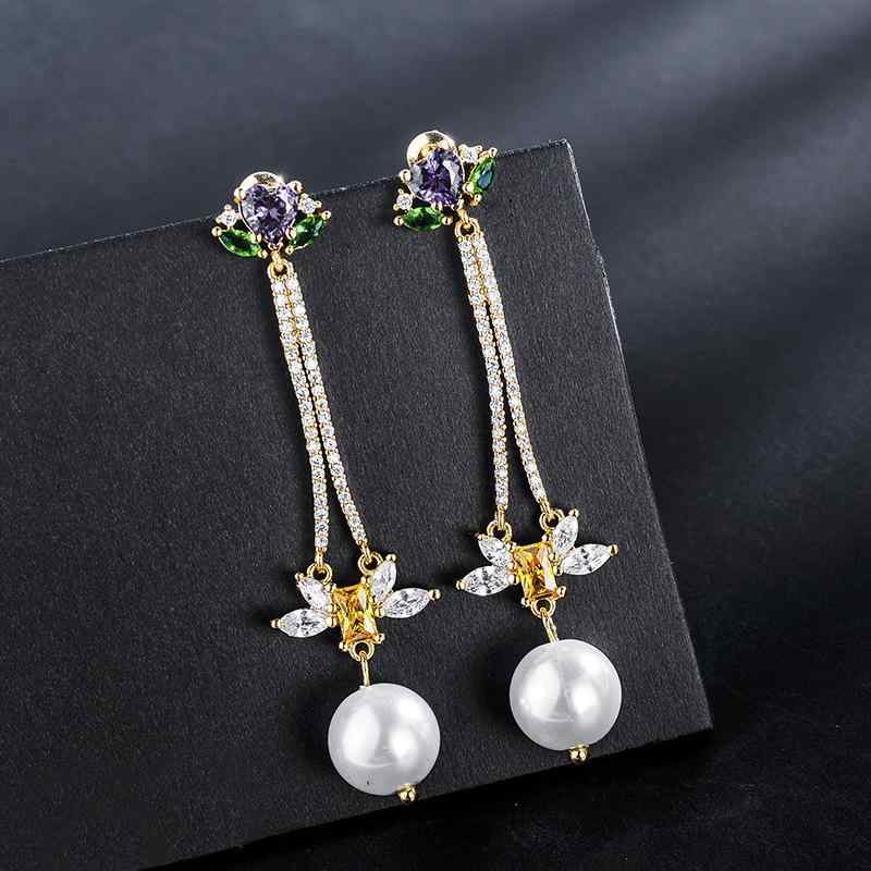 ピアス レディース ハート モチーフ 紫 カラフル ジルコニア パール ロング 金メッキ 人工石 ドロップ ..