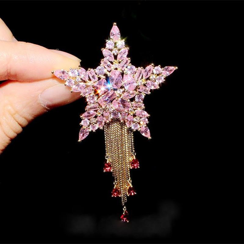 ブローチ レディース 女性用 星 タッセル 輝く ジルコニア ゴールドメッキ 合金 ピンブローチ 韓国ファ..