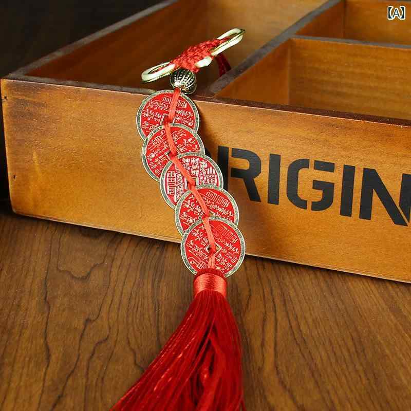 中国結 山鬼八卦 ラッキーアイテム 赤い山鬼銭 ダブルタッセル オーナメント 車用 玄関飾り 魔除け 厄..