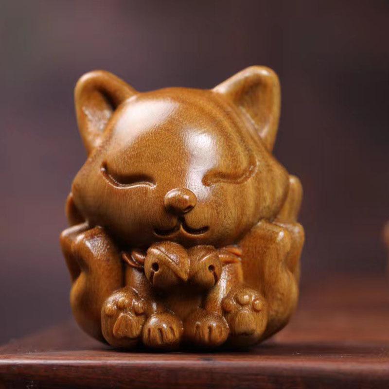 置物 緑檀木彫 九尾狐 携帯用 手遊び 握り飾り 鈴付き お守り 開運 縁起物 アロマ 香り ミニチュア インテリア小物