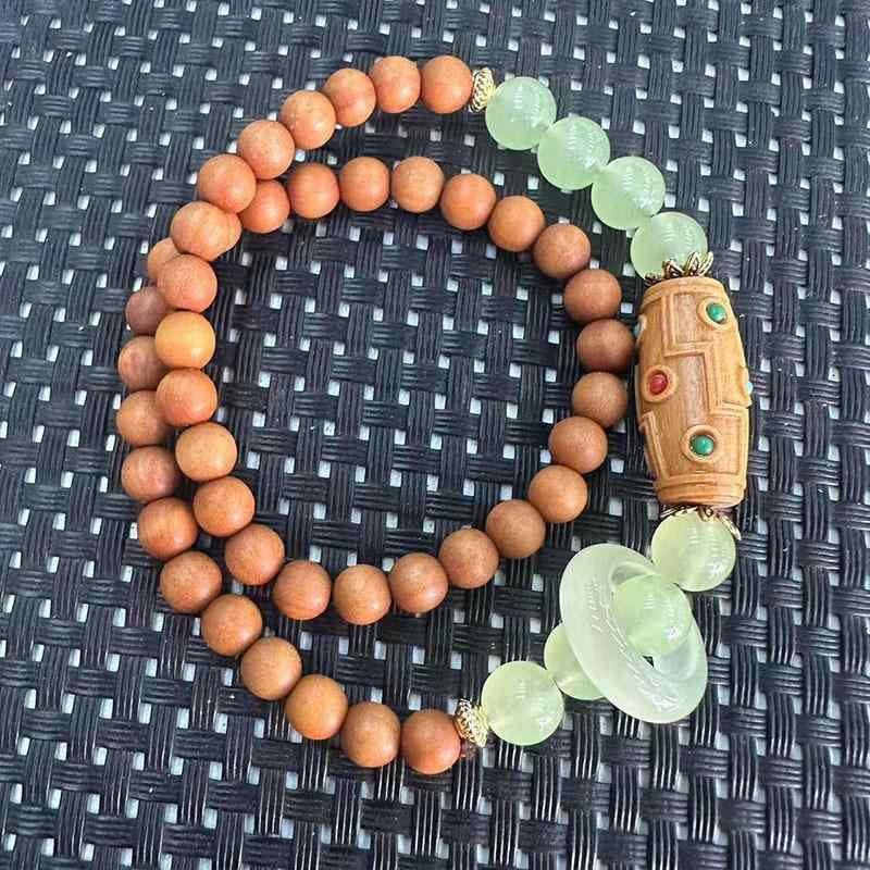 数珠ブレスレット グリーンサンダルウッド 天珠 エスニック風 ダブルラップ お守り 念珠 パワーストーン 香木 ウッドビーズ 男女兼用 ファッションアクセサリー