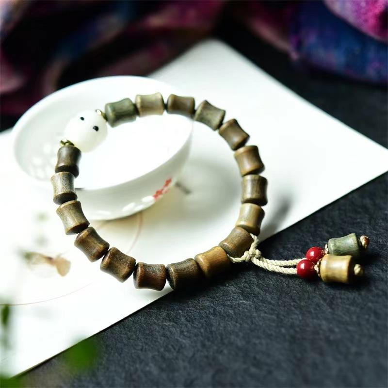 ブレスレット 緑檀木 グリーンサンダルウッド 竹節モチーフ レトロ ヴィンテージ アンティーク調 一連 数珠 腕輪 木製 カジュアル ファッション 男女兼用 普段使い お守り 厄除け