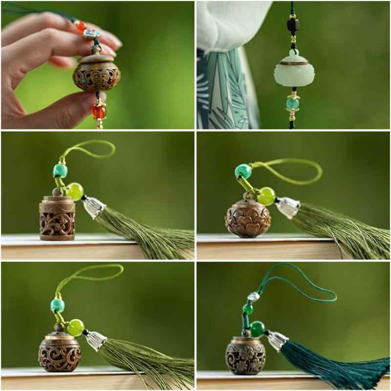 チャーム 緑檀木 古風 透かし彫り タッセル 携帯用 アロマディフューザー チャイナドレス 帯留め 襟飾..