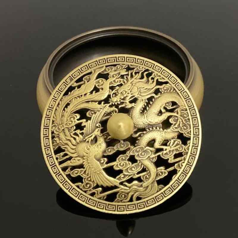 香炉 お香立て 真鍮 銅製 竜鳳文様 宣徳様式 古典 伝統工芸品 家庭用 室内用 渦巻き線香 仏具 仏壇 供養 癒し リラックス 防火マット付 平底型 落ち着いた銅色