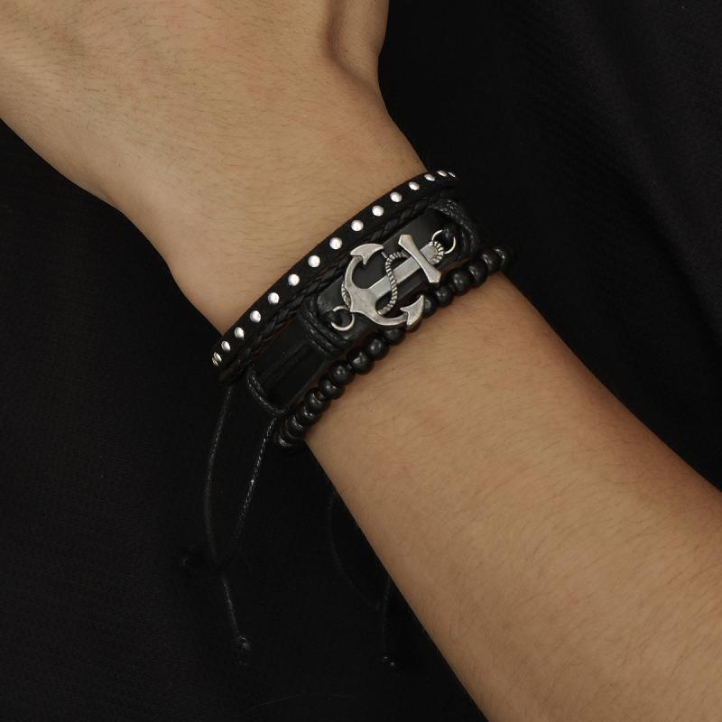 ブレスレット メンズ 牛革 レザー 編み込み 手編み 舵 マリンモチーフ 個性的 レトロ ヴィンテージ パンク 欧米風 ブラック ファッション 腕輪 普段使い カジュアル 3点セット