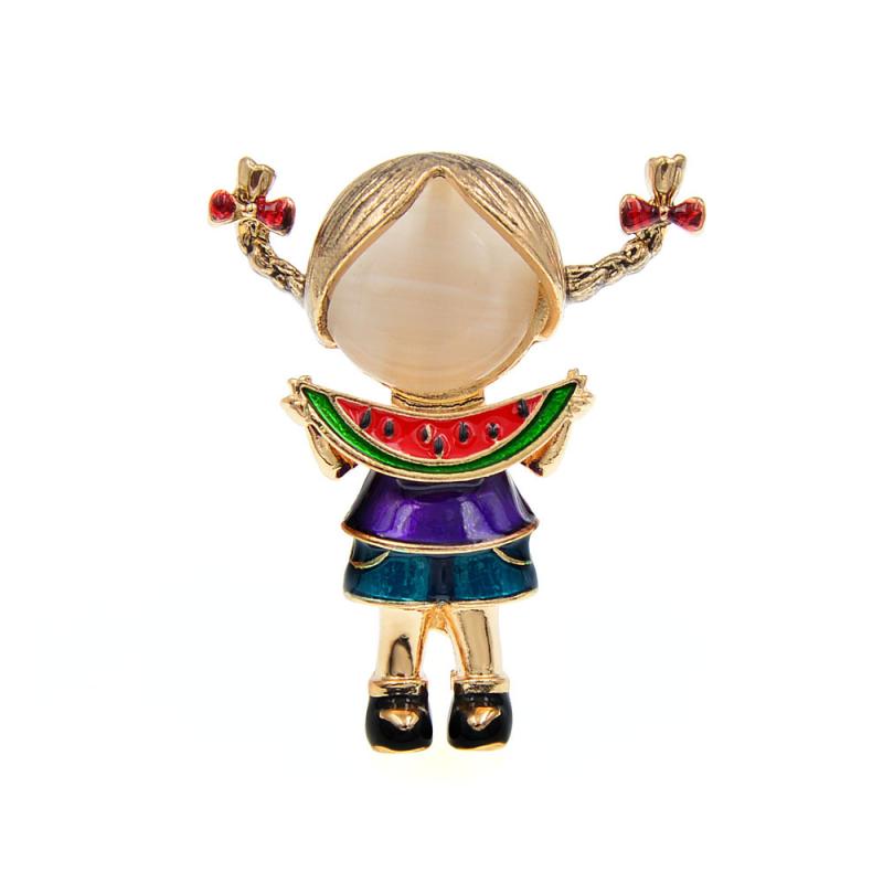 ブローチ レディース 女性用 かわいい キャラクター スイカ少女 帽子デザイン カラフルイラスト 普段使..