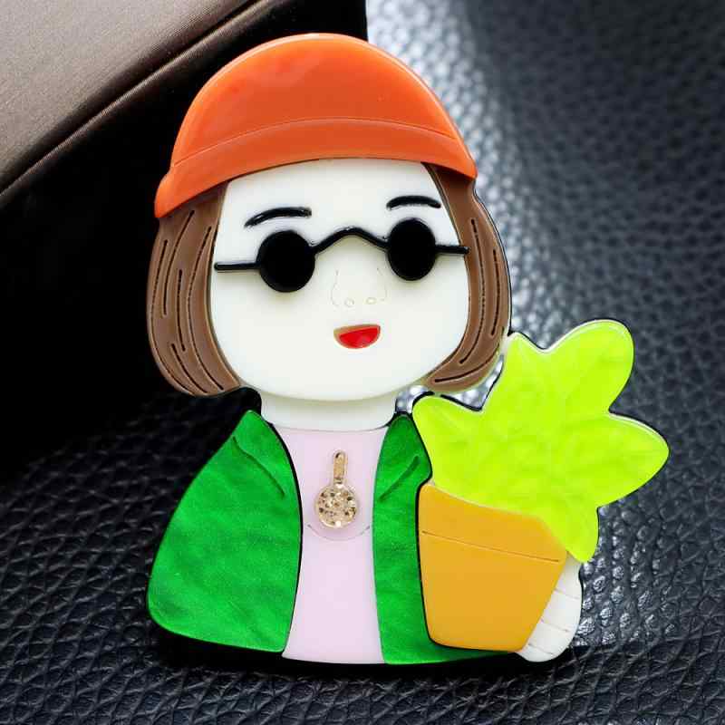 ブローチ レディース アクリル かわいい 植物を抱えた女の子 キャラクター ピンブローチ ファッション ..