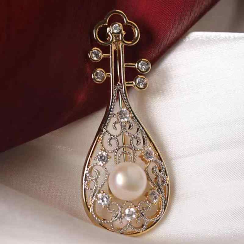ブローチ レディース 中国風 民族調 レトロ クラシカル 琵琶モチーフ 淡水パール パール 上品 エレガン..