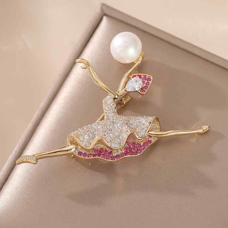 ブローチ レディース バレリーナ ジルコニア 淡水パール エレガント 上品 韓国風 ゴールド コート カー..